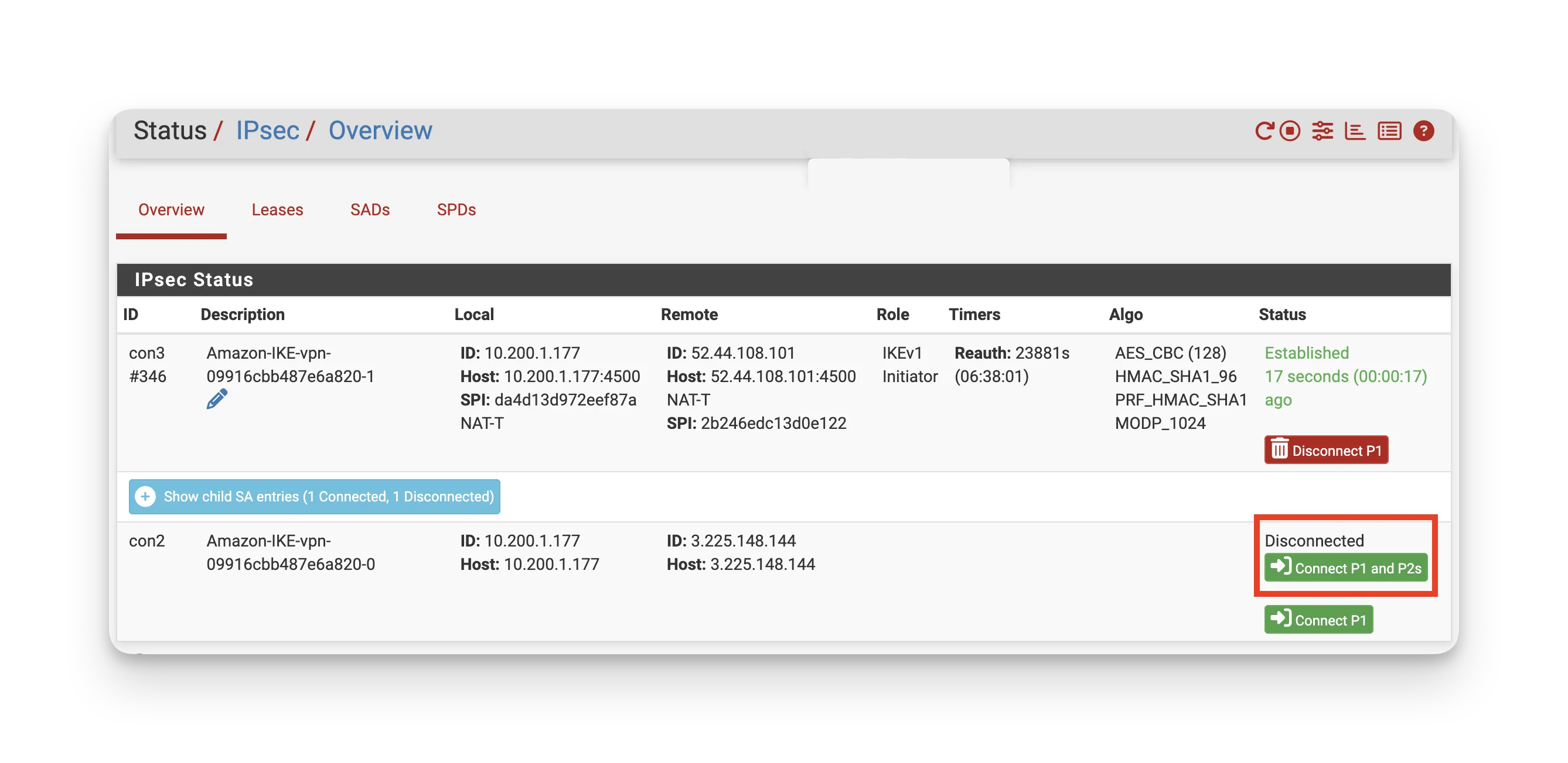 Example IPsec tunnel status in pfSense